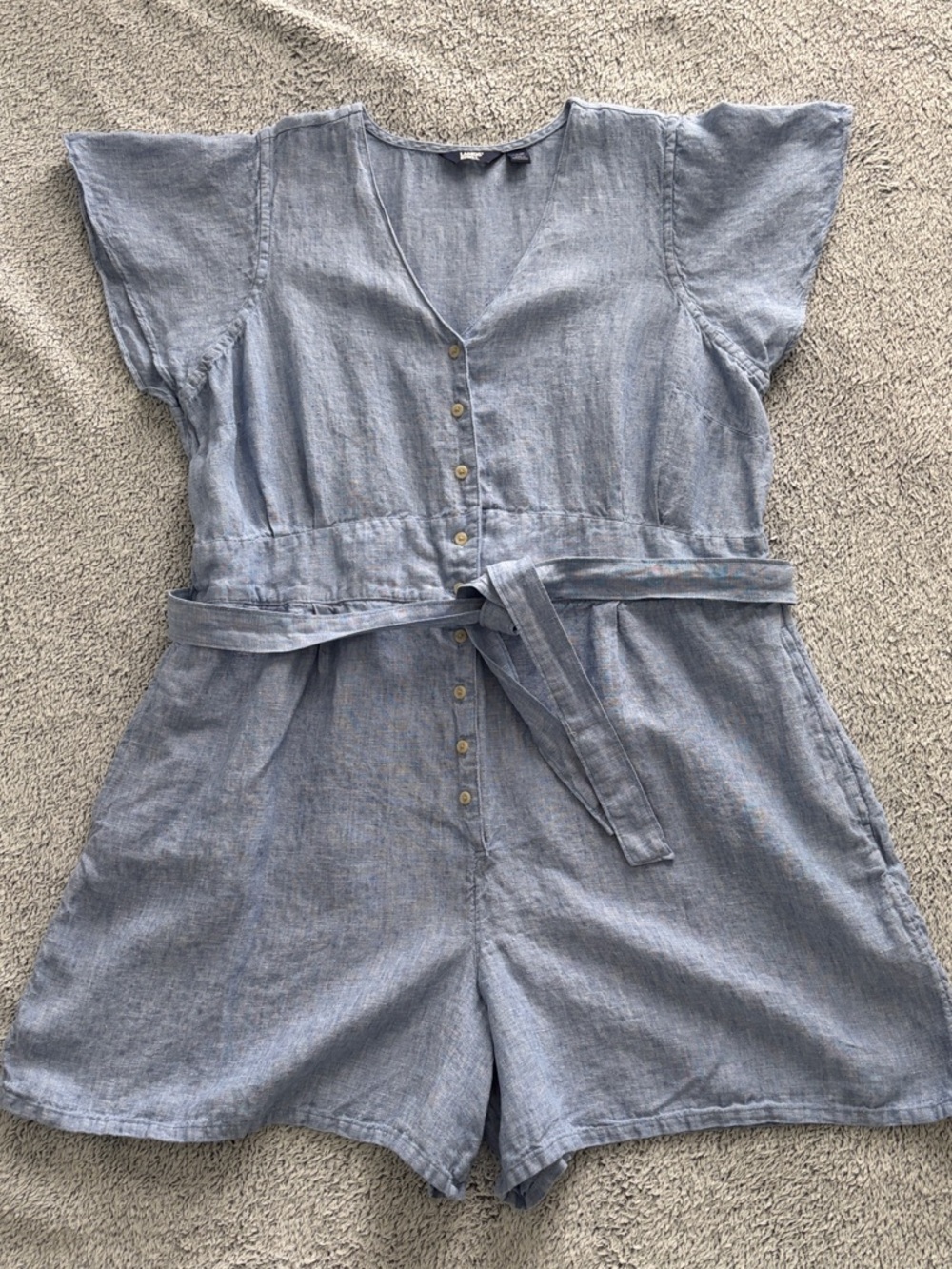 Lands’ End Light Blue Button-Front Linen Romper with Waist Tie
